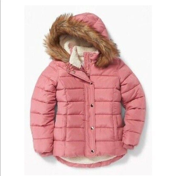 Old Navy Girls Small Better Frost Free Puffer Jacket Antique Coral Faux Fur - Picture 1 of 16